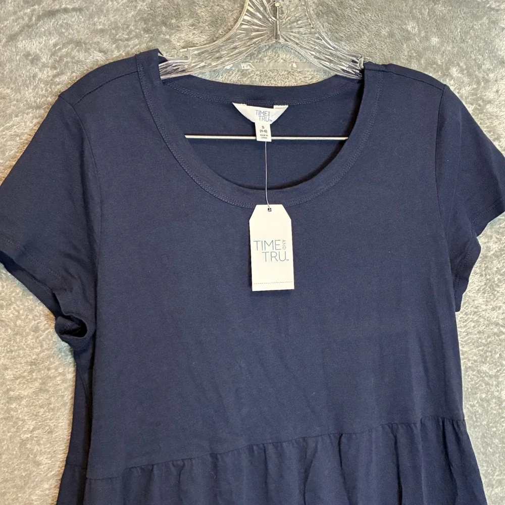 Time & Tru Women Tiered Knit Swing Dress S Pockets Crew Neck Navy Minimalist NWT